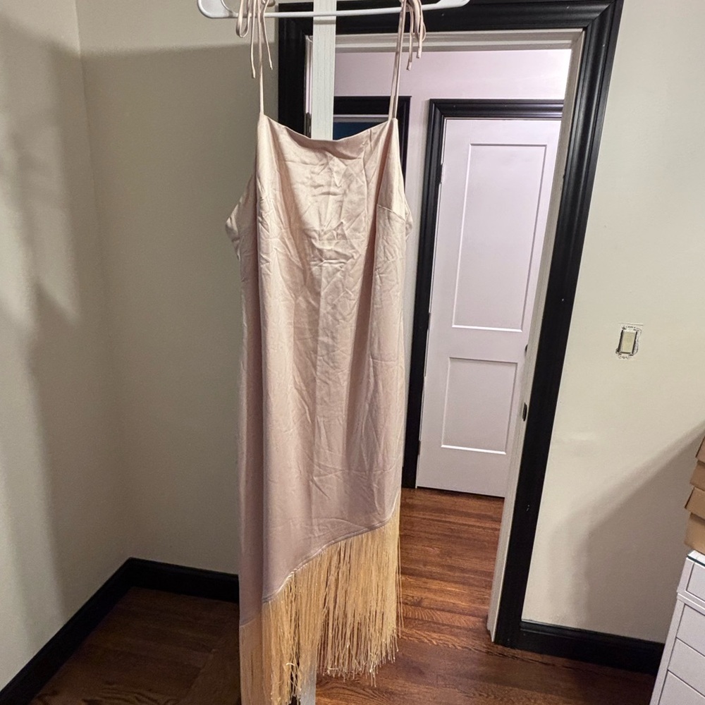 Lulu's Asymmetrical Beige Fringe Dress